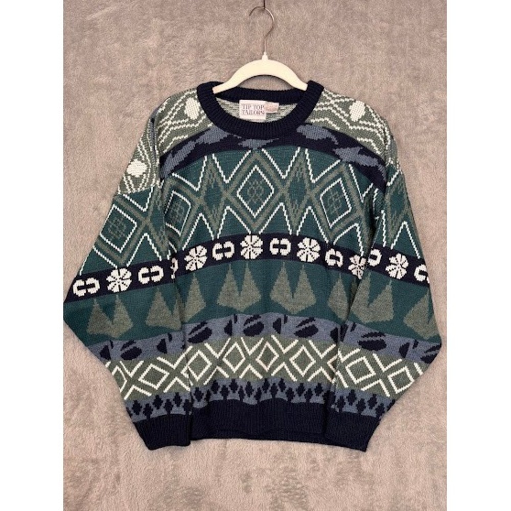 Vintage Tip Top Tailors Mens Geometric Fair Isle Knit Sweater Green Navy‎ Large